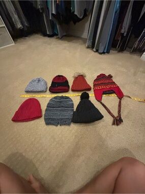 Lot of 7 Knit Beanies and Earflap Hat - Red, Gray, Black, Orange